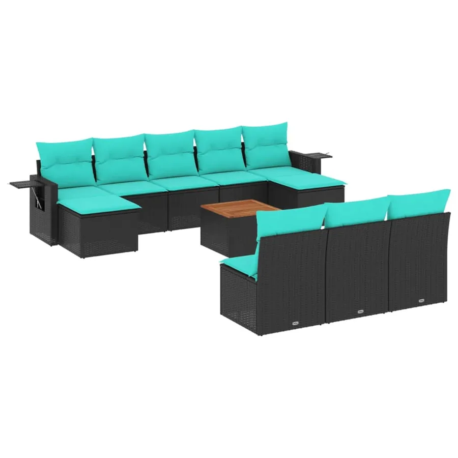 Ensemble de canapé de jardin 11 pcs avec coussins noir résine tressée - 2