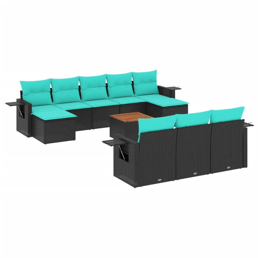 Ensemble de canapé de jardin 11 pcs avec coussins noir résine tressée - 2