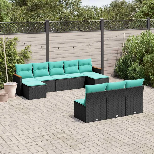 Salon de jardin 10 pcs avec coussins noir résine tressée