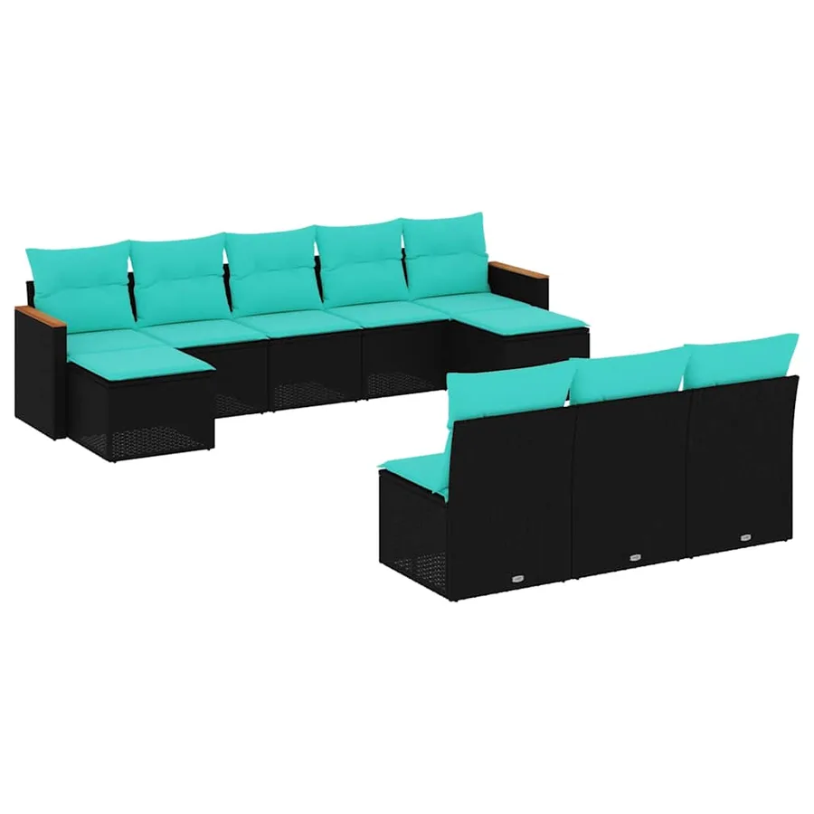 Salon de jardin 10 pcs avec coussins noir résine tressée - 2
