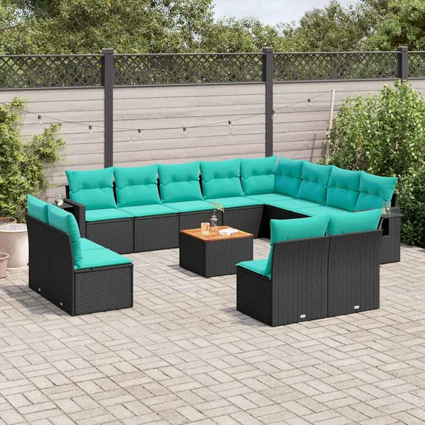 Ensemble de canapé de jardin 13 pcs avec coussins noir résine tressée