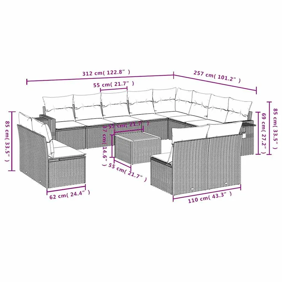 Ensemble de canapé de jardin 13 pcs avec coussins noir résine tressée - 9