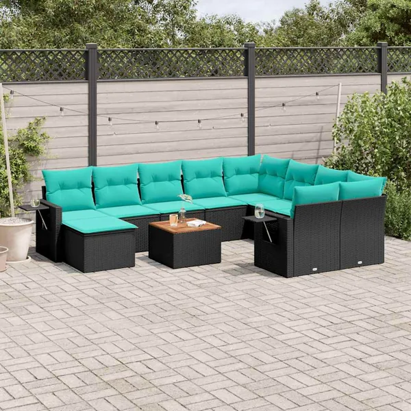 Ensemble de canapé de jardin 11 pcs avec coussins noir résine tressée