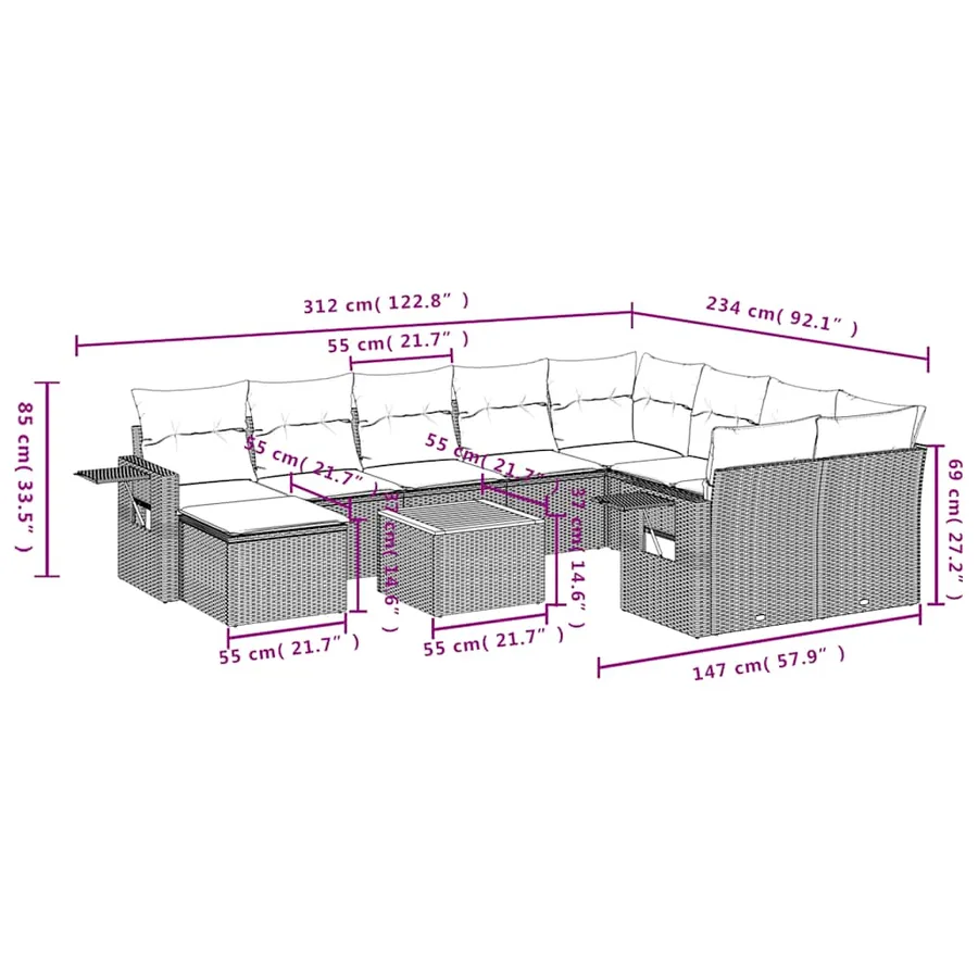 Ensemble de canapé de jardin 11 pcs avec coussins noir résine tressée - 10