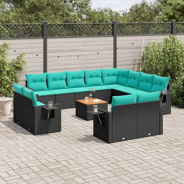 Ensemble de canapé de jardin 13 pcs avec coussins noir résine tressée