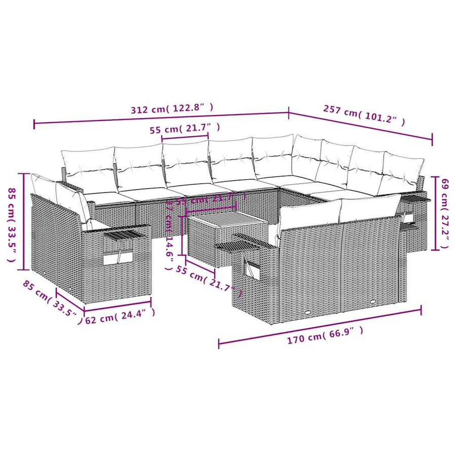 Ensemble de canapé de jardin 13 pcs avec coussins noir résine tressée - 9