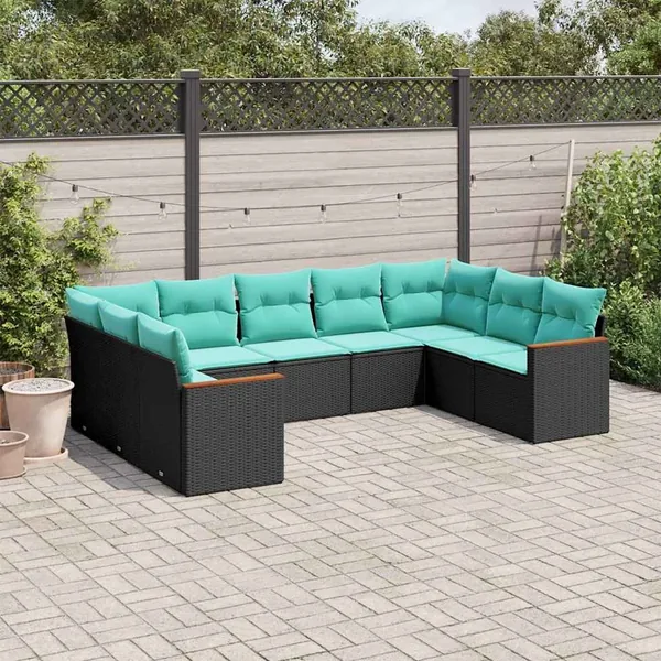 Salon de jardin 9 pcs avec coussins noir résine tressée