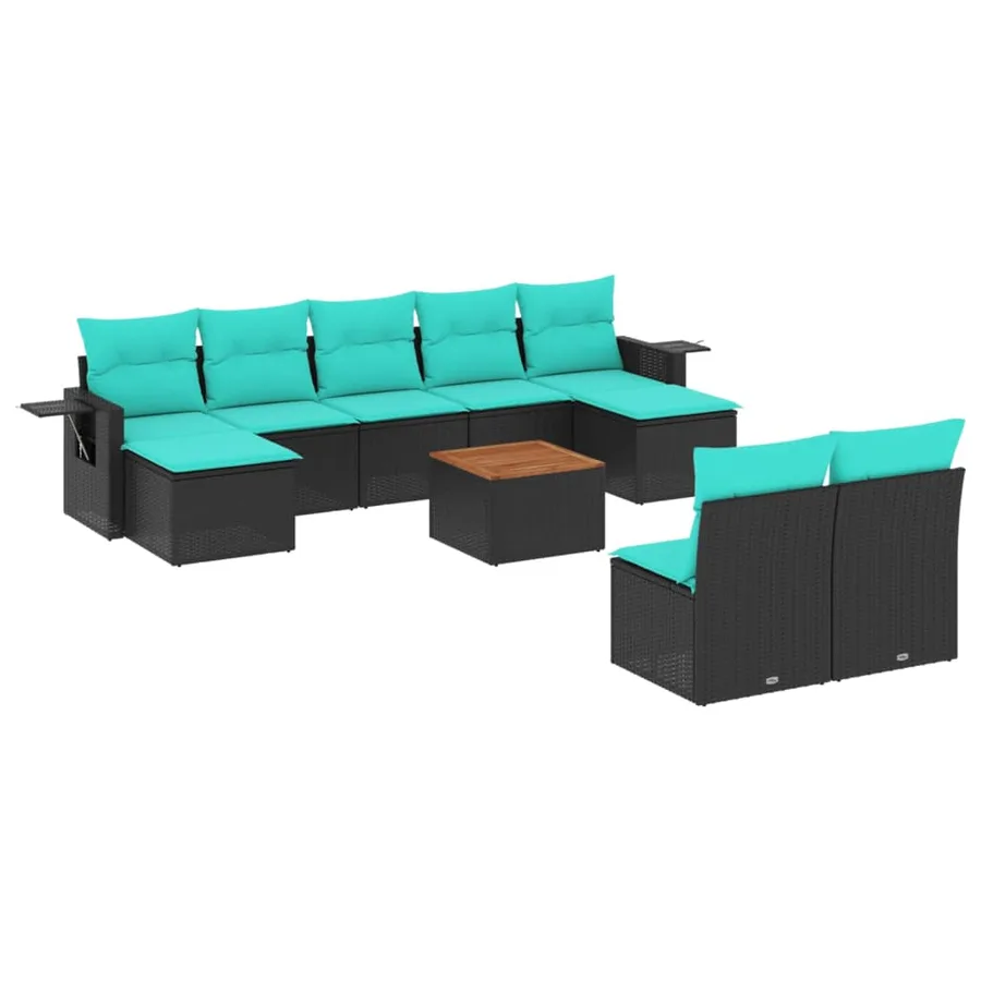 Ensemble de canapé de jardin 10 pcs avec coussins noir résine tressée - 2