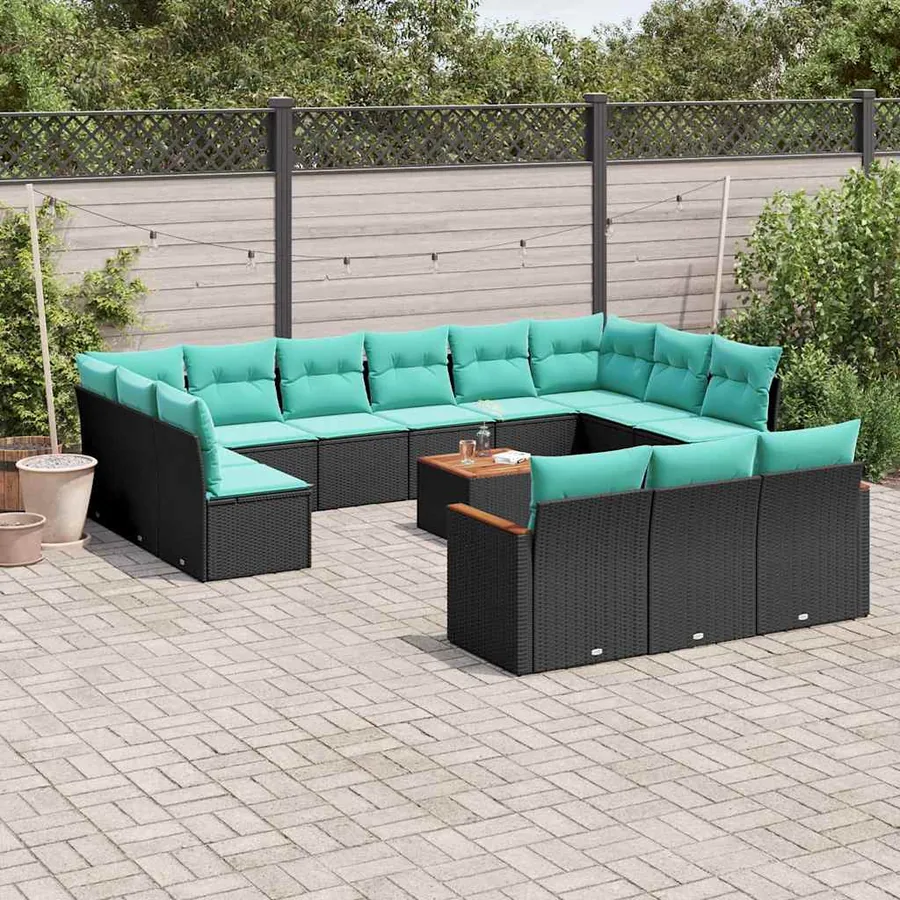 Ensemble de canapé de jardin 14 pcs avec coussins noir résine tressée