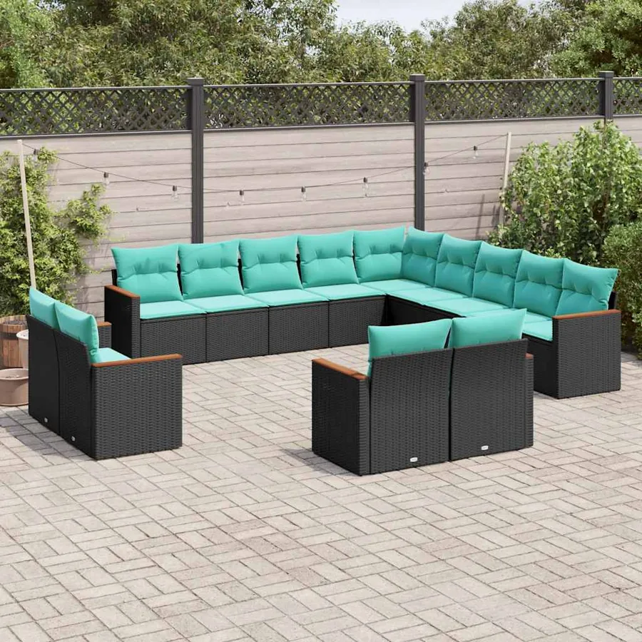 Salon de jardin avec coussins 13 pcs noir résine tressée