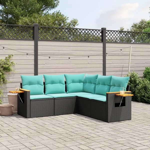 Salon de jardin 5 pcs avec coussins noir résine tressée