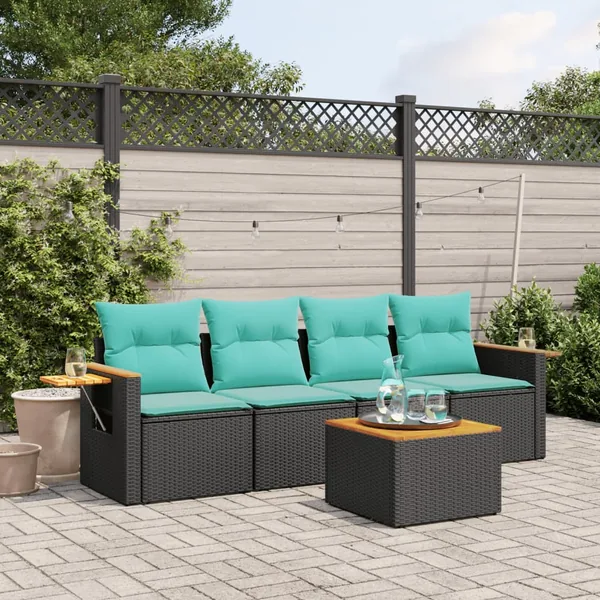 Salon de jardin 5 pcs avec coussins noir résine tressée