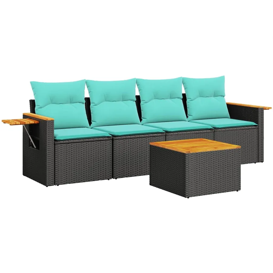 Salon de jardin 5 pcs avec coussins noir résine tressée - 2