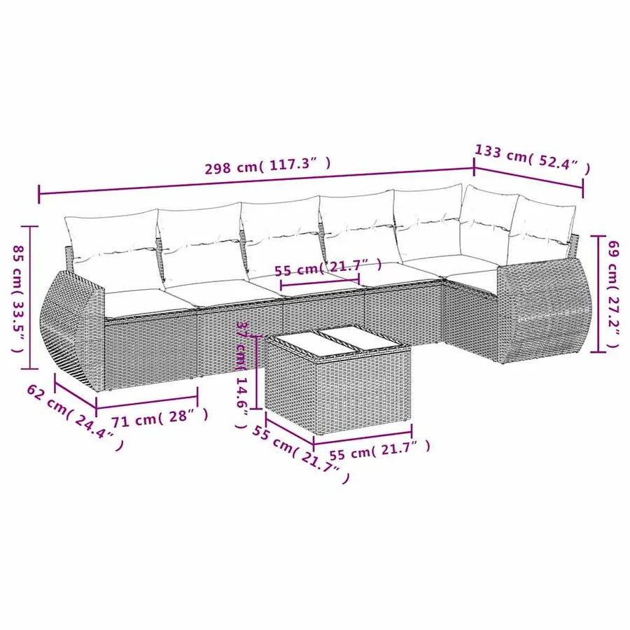Ensemble de canapé de jardin 7 pcs avec coussins noir résine tressée - 8