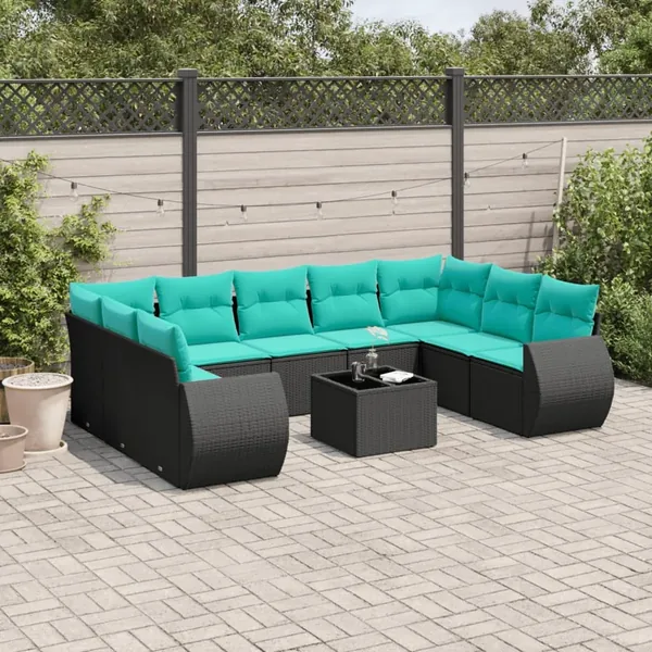 Ensemble de canapé de jardin 10 pcs avec coussins noir résine tressée