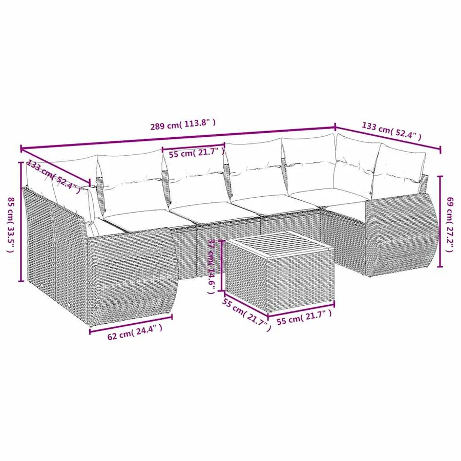 Ensemble de canapé de jardin 8 pcs avec coussins noir résine tressée - 8