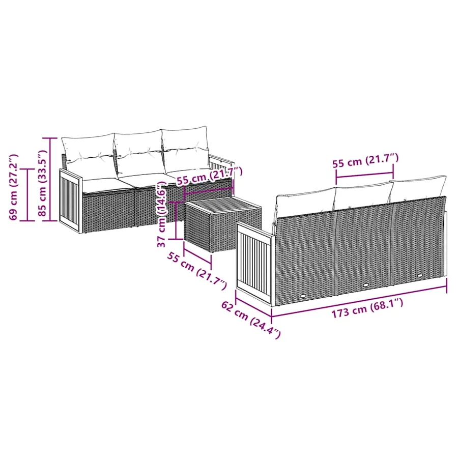 Ensemble de canapé de jardin 7 pcs avec coussins noir résine tressée - 7