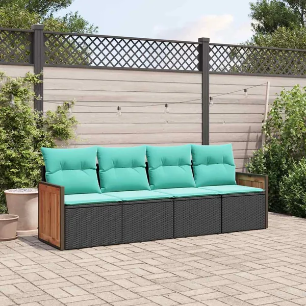 Salon de jardin 4 pcs avec coussins noir résine tressée