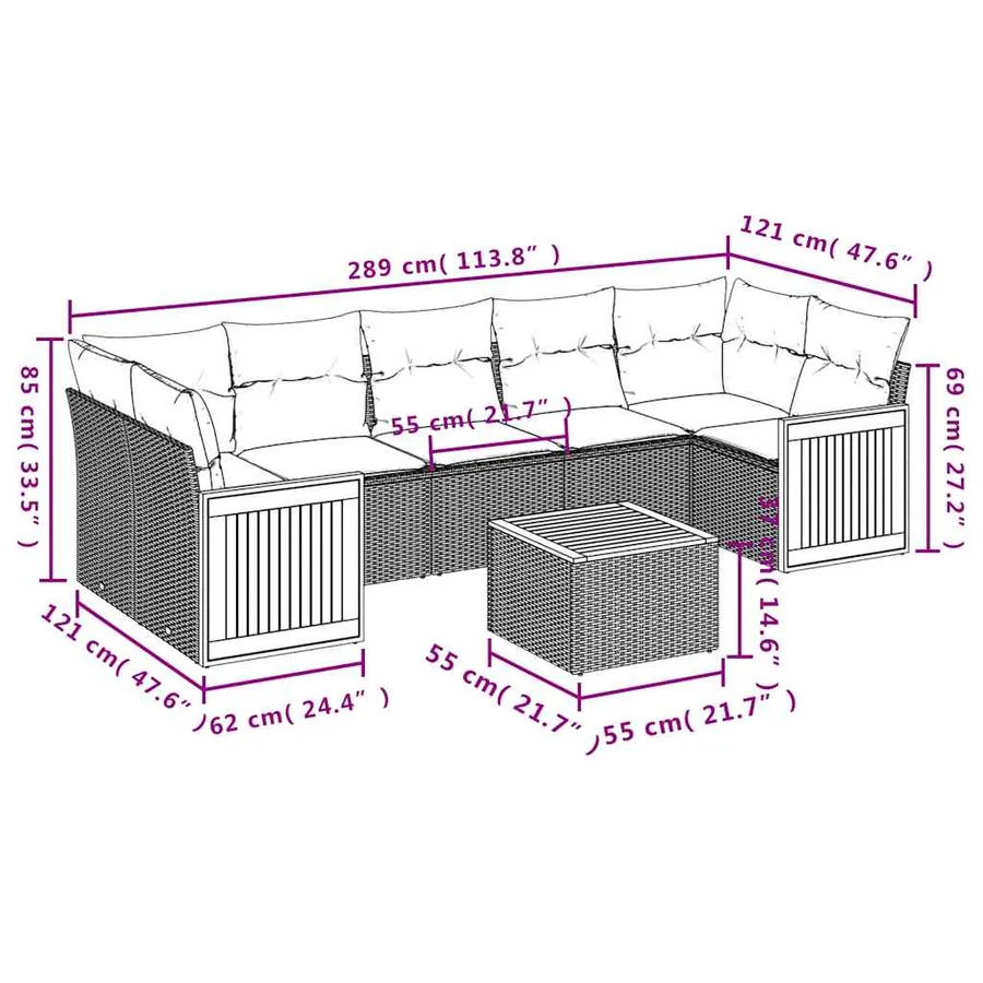 Ensemble de canapé de jardin 8 pcs avec coussins noir résine tressée - 8