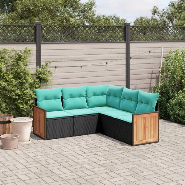 Salon de jardin 5 pcs avec coussins noir résine tressée