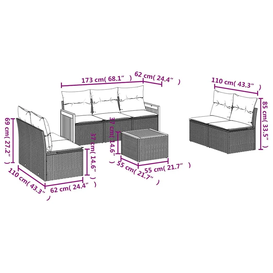 Ensemble de canapé de jardin 8 pcs avec coussins noir résine tressée - 7