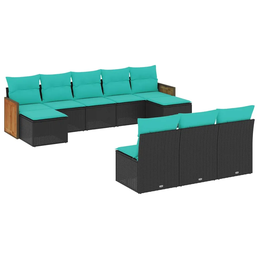 Salon de jardin 10 pcs avec coussins noir résine tressée - 2