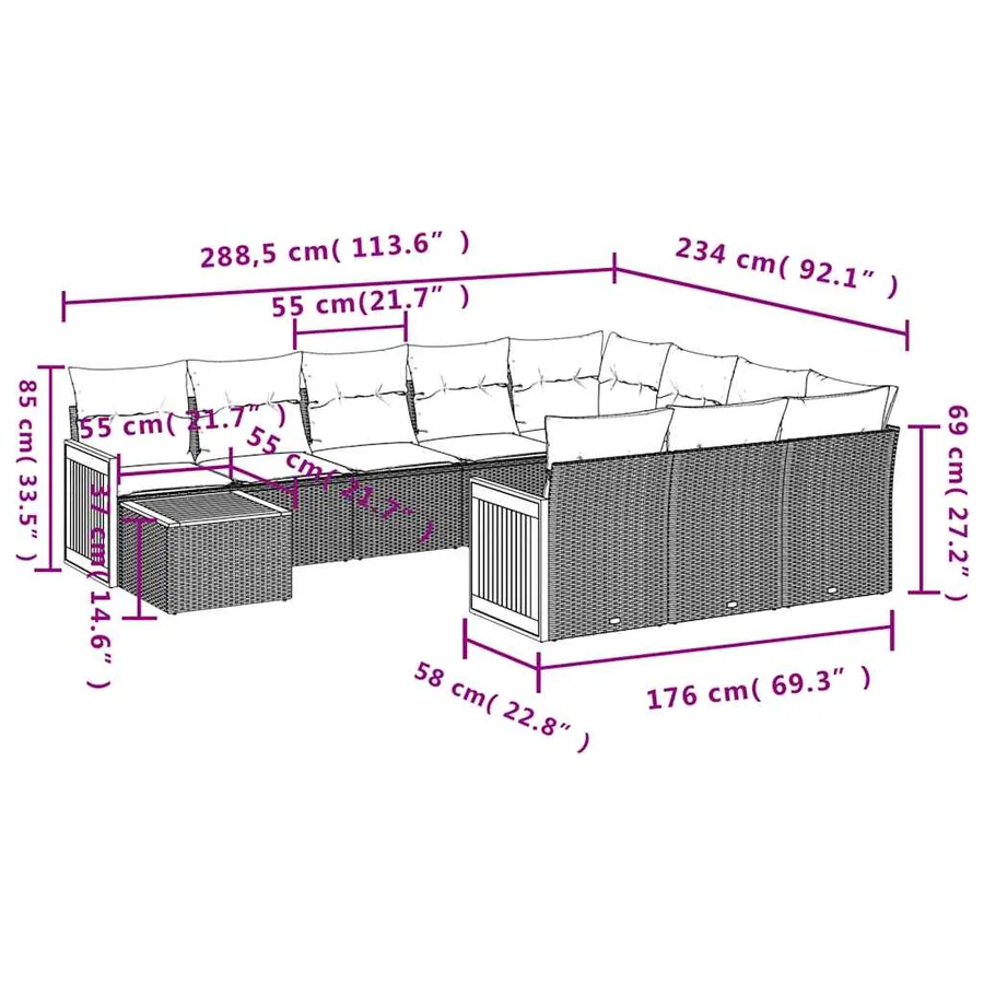Ensemble de canapé de jardin 11 pcs avec coussins noir résine tressée - 8