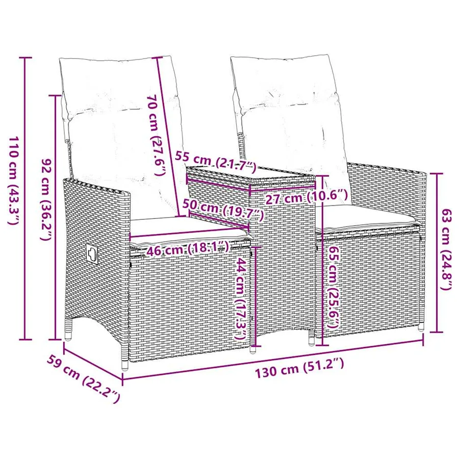 Canapé de jardin inclinable 2 places avec Table en résine tressée grise - 11