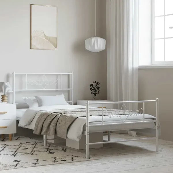 Cadre de lit métal sans matelas et pied de lit blanc 100x200 cm
