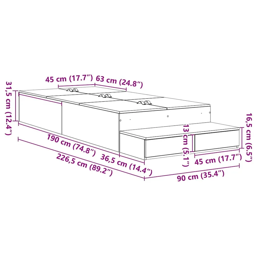 Cadre de lit avec rangement Chêne fumé 90 cm Bois d'ingénierie - 15