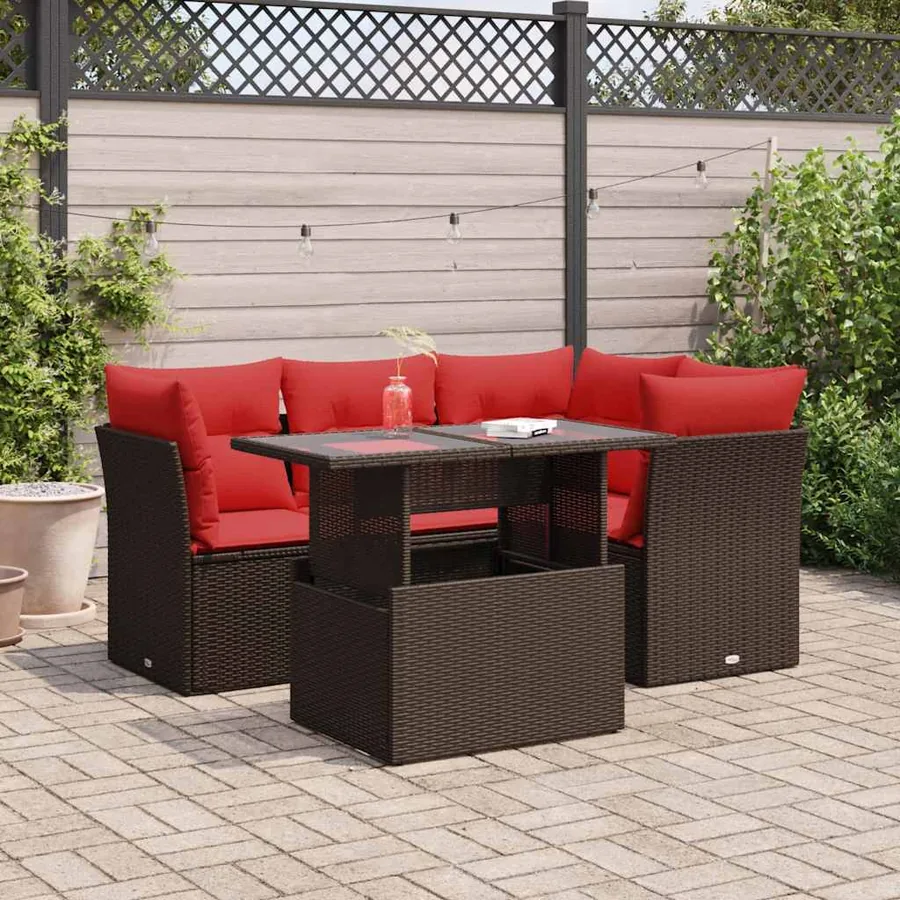 Salon de jardin avec coussins 5pcs marron résine tressée acacia