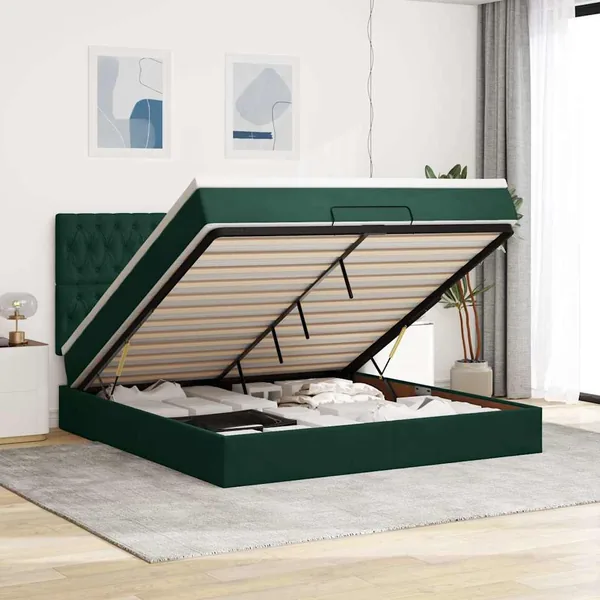 Cadre de lit ottoman avec matelas vert foncé 200x200 cm velours