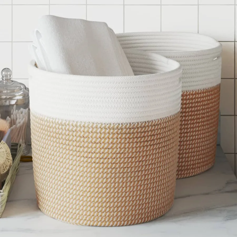 Paniers de rangement 2 pcs marron et blanc Ø28x28 cm coton