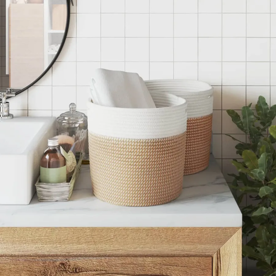 Paniers de rangement 2 pcs marron et blanc Ø28x28 cm coton - 3