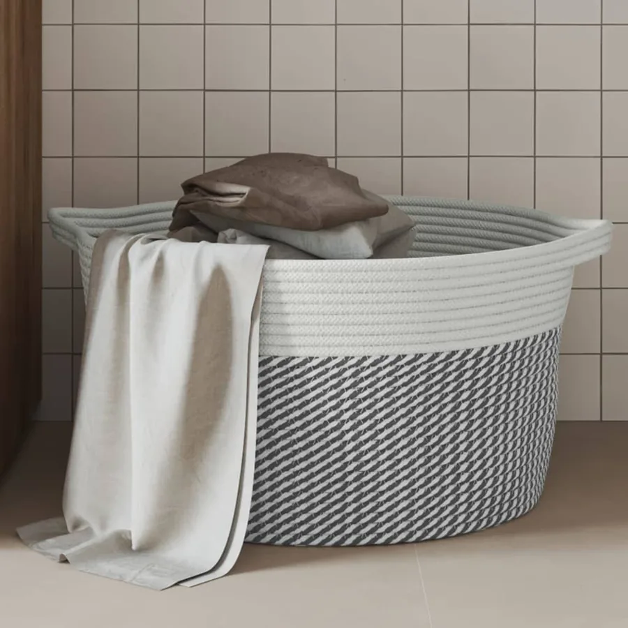Panier de rangement gris et blanc Ø40x25 cm coton