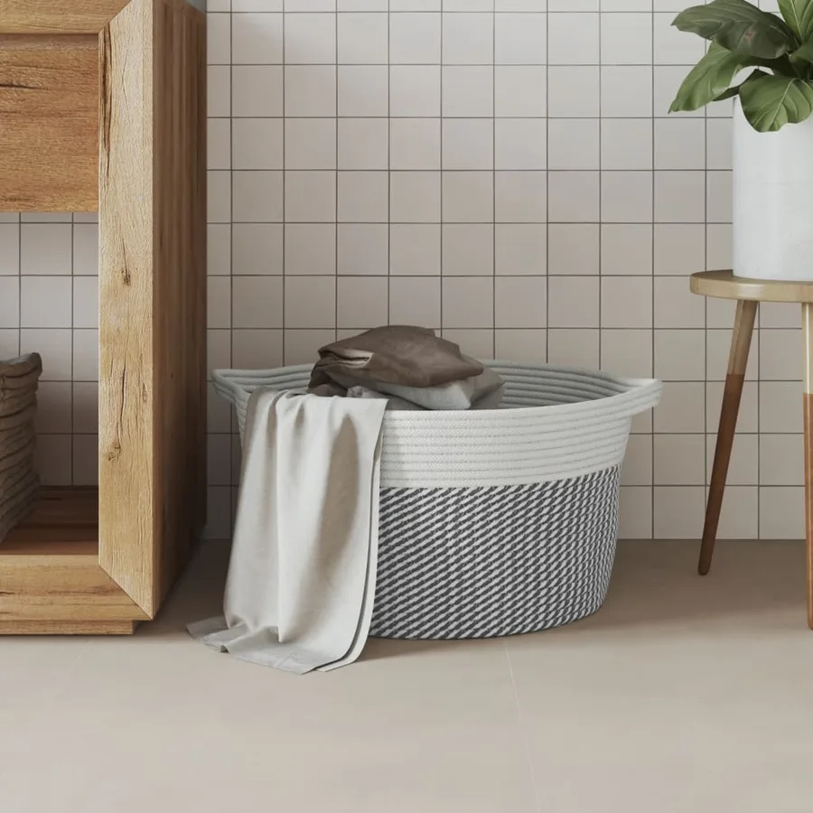 Panier de rangement gris et blanc Ø40x25 cm coton - 3