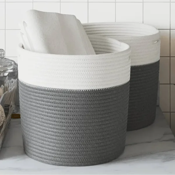 Paniers de rangement 2 pcs gris et blanc Ø28x28 cm coton