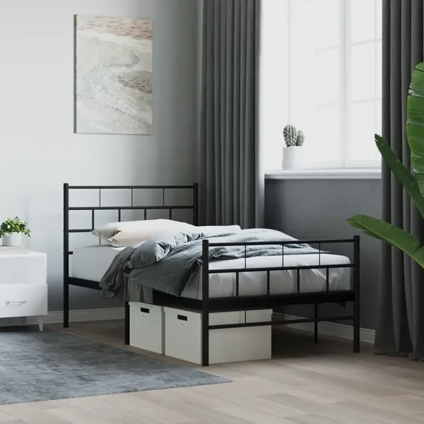 Cadre de lit métal sans matelas avec pied de lit noir 107x203cm