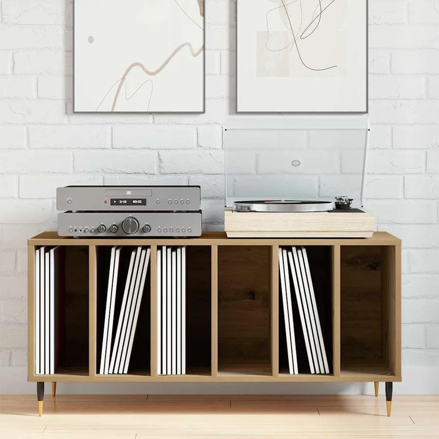 Meuble à vinyles chêne artisanal 100 x 38 x 48 cm - 4