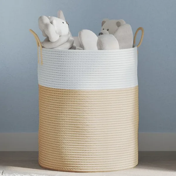 Panier de rangement beige et blanc Ø38x46 cm coton