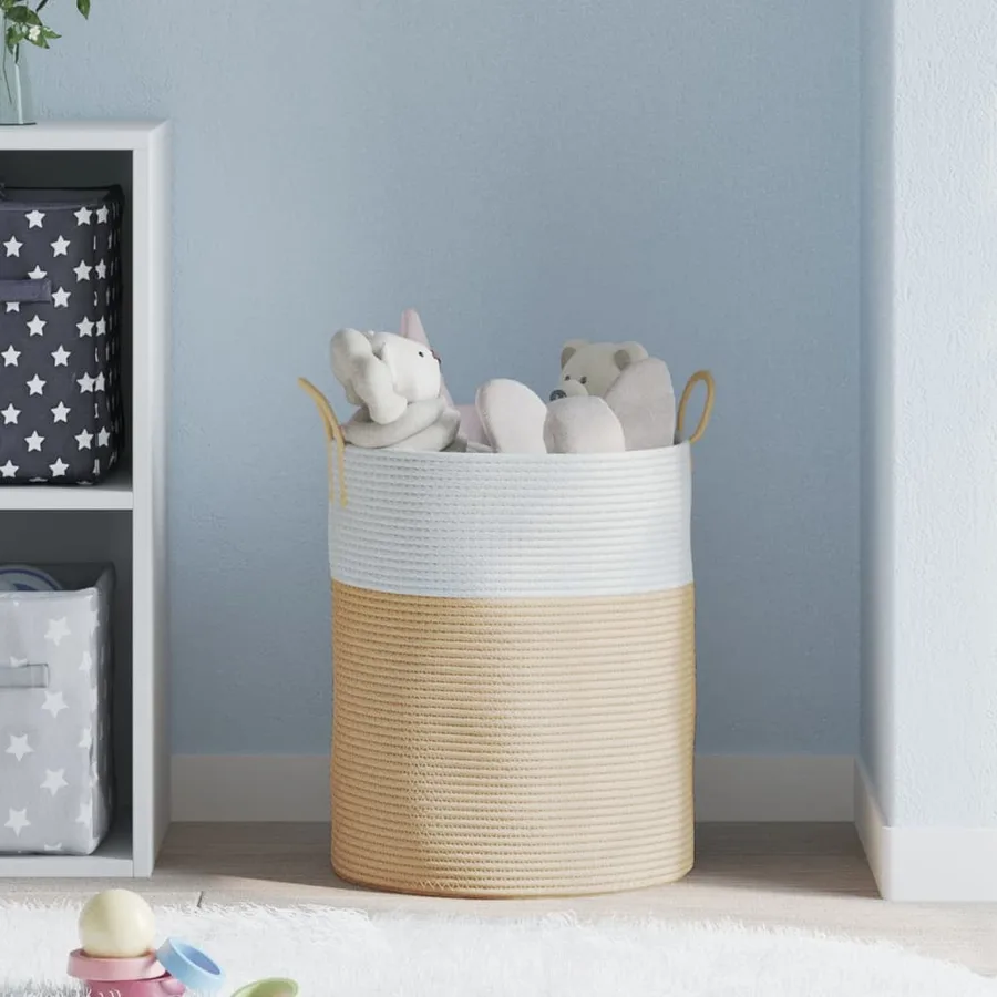 Panier de rangement beige et blanc Ø38x46 cm coton - 3