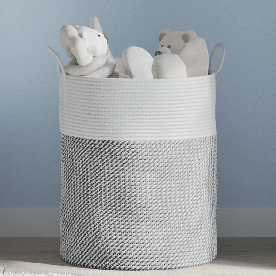 Panier de rangement gris et blanc Ø38x46 cm coton