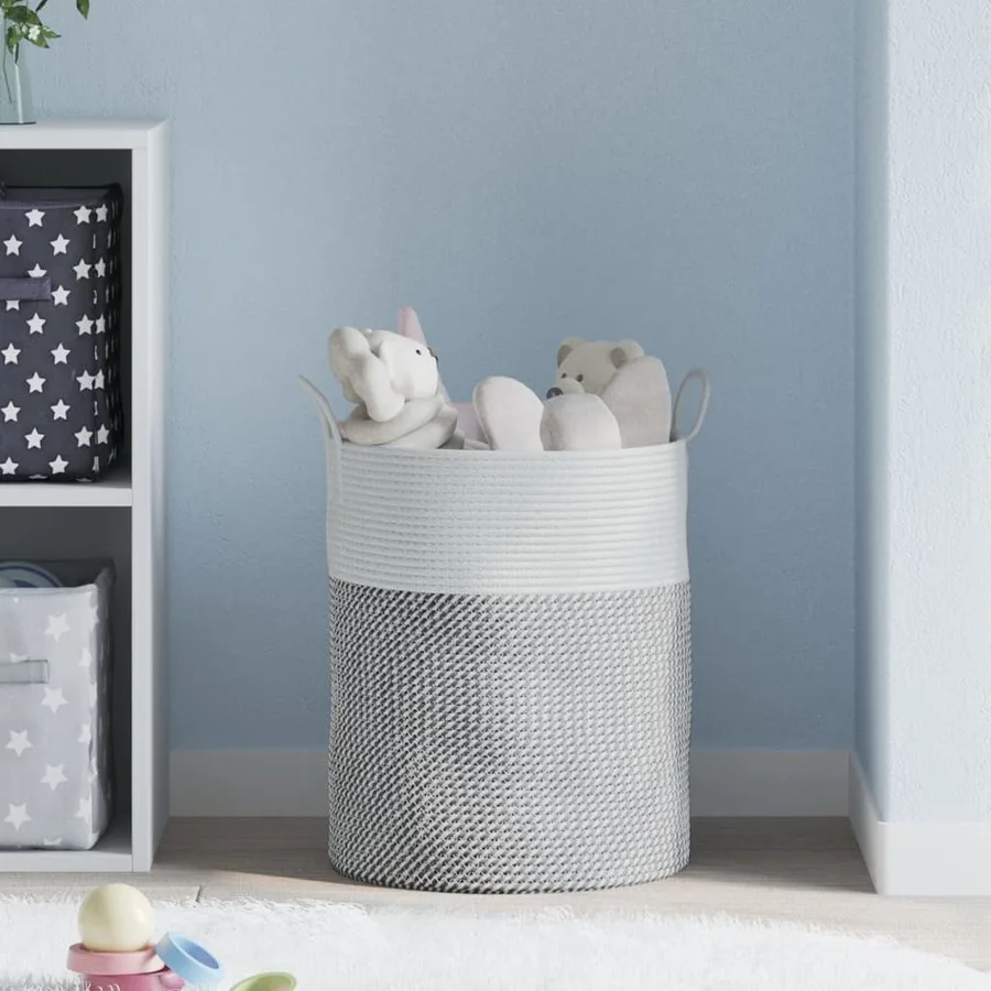 Panier de rangement gris et blanc Ø38x46 cm coton - 3