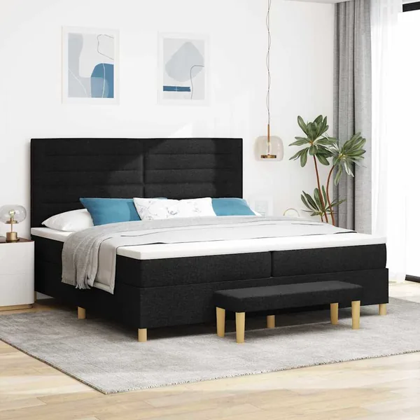 Lit à ressorts avec matelas Noir 200 x 200 cm tissu