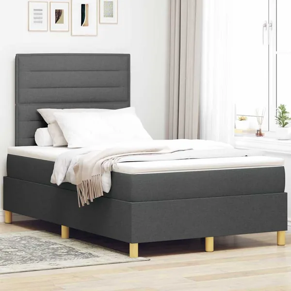Lit à ressort LED avec matelas Gris foncé 120 x 200 cm tissu