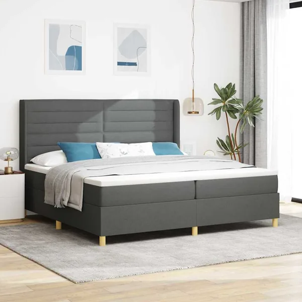 Lit à ressorts avec matelas Gris foncé 200 x 200 cm tissu