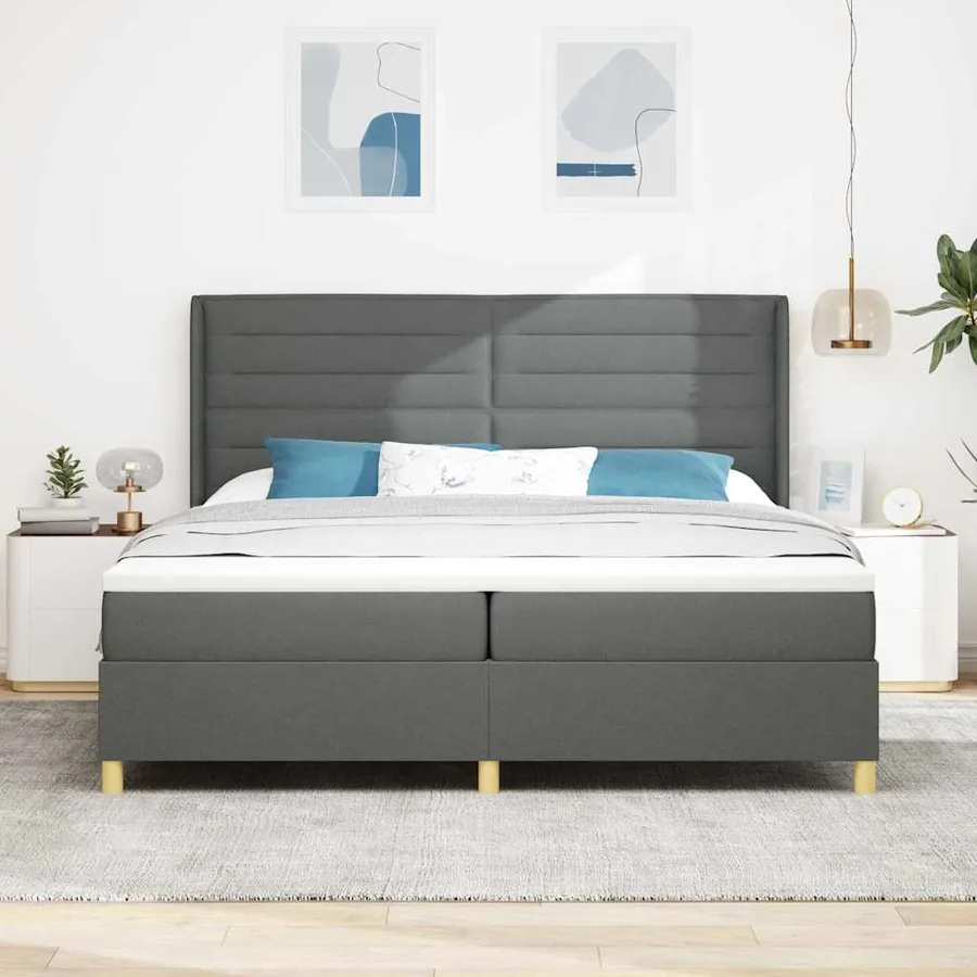 Lit à ressorts avec matelas Gris foncé 200 x 200 cm tissu - 3