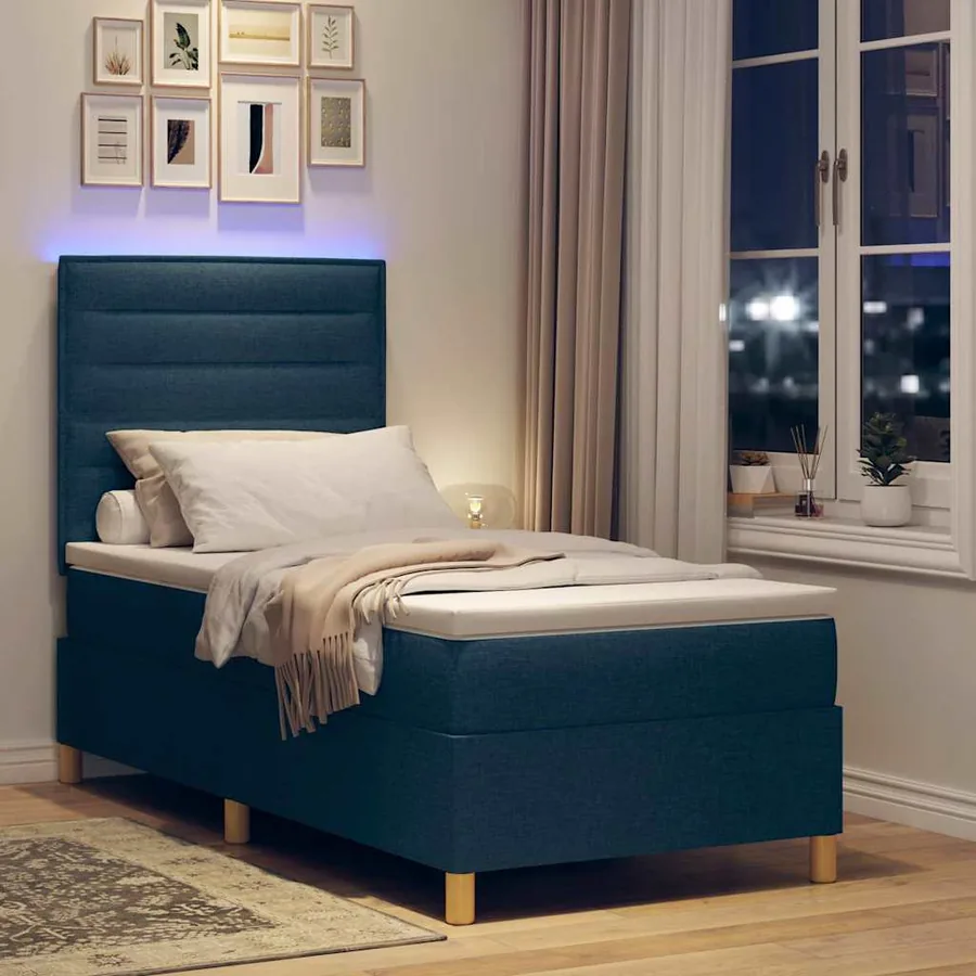 Lit à ressort LED avec matelas Bleu 90 x 190 cm tissu - 5