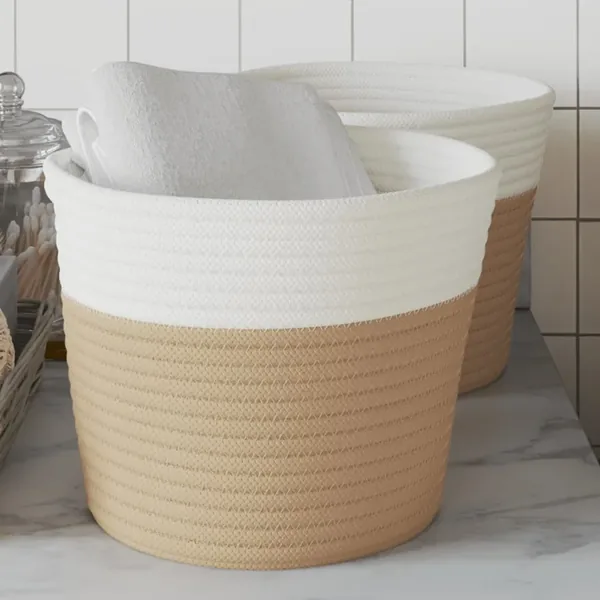 Paniers de rangement 2 pcs beige et blanc Ø24x18 cm coton