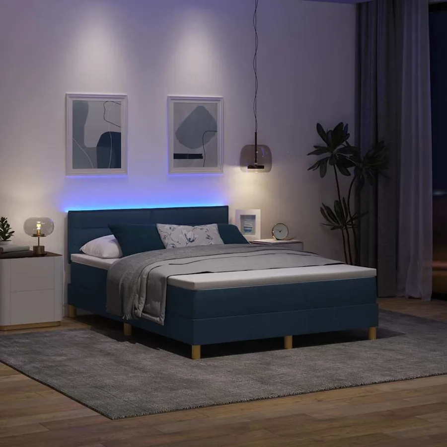 Lit à ressort LED avec coussin Bleu 140 x 200 cm tissu - 5